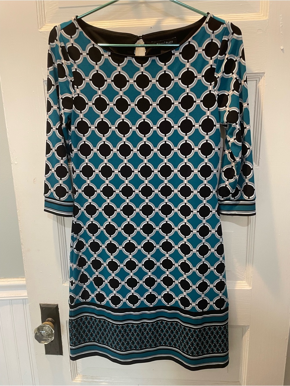 White House Black Market Teal and Black Geometric Shift Dress, XS